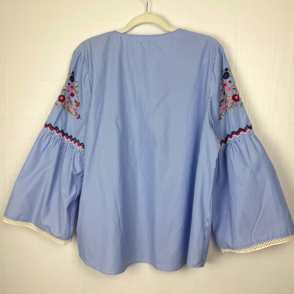 Jennifer Grace Women Striped Embroidered Long Bell Sleeve Blouse Top Size XL - Picture 9 of 15